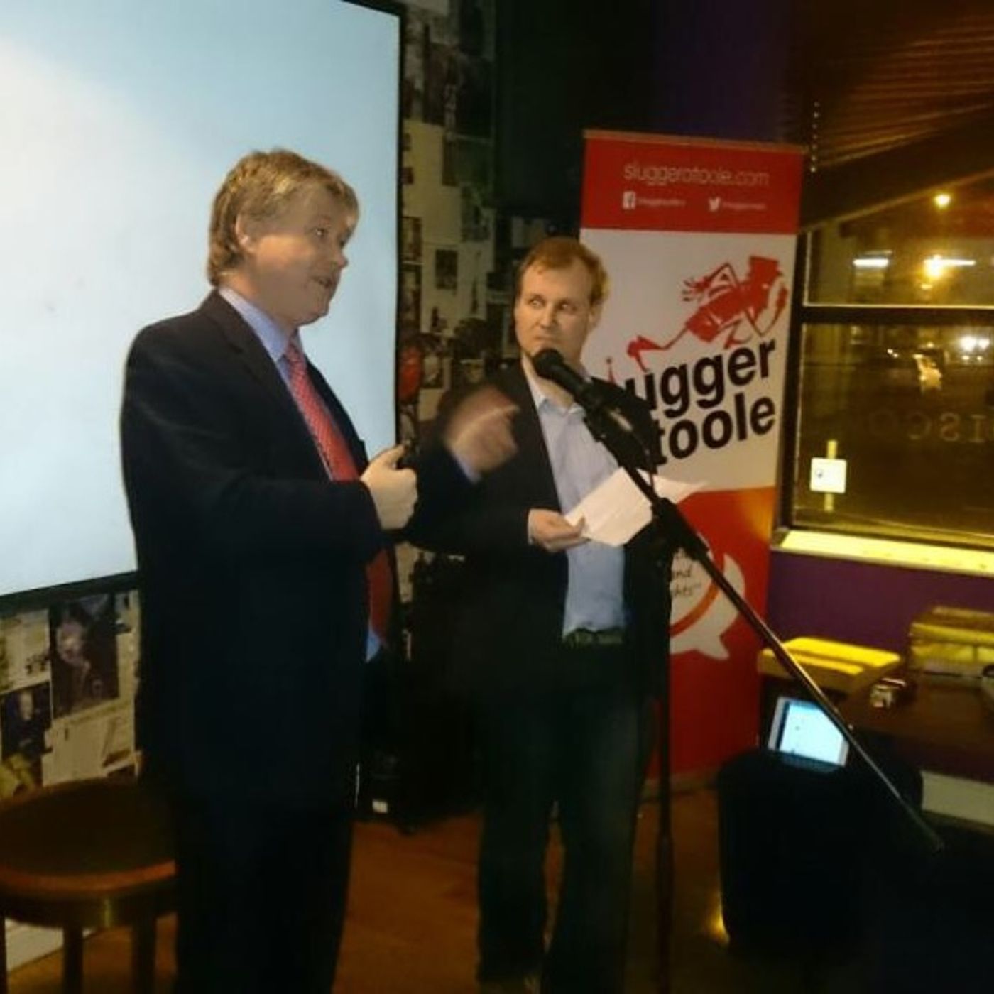 Asking @BasilMcCrea to explain parts of his speech to @SluggerOToole's #tweetupNI (abridged) episode artwork