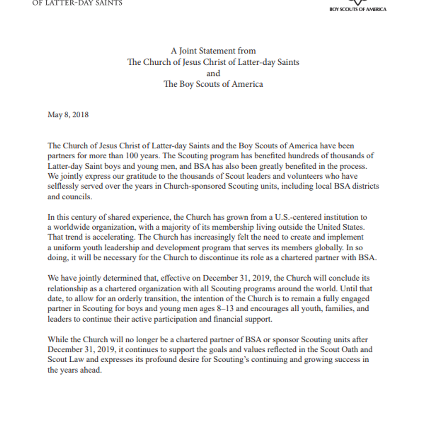 LDS Church and Boy Scouts of America announce split in joint press release episode artwork