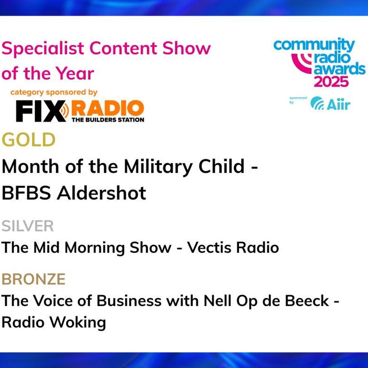 Specialist Content Show of The Year - Vectis Radio weekday Mid Morning Show