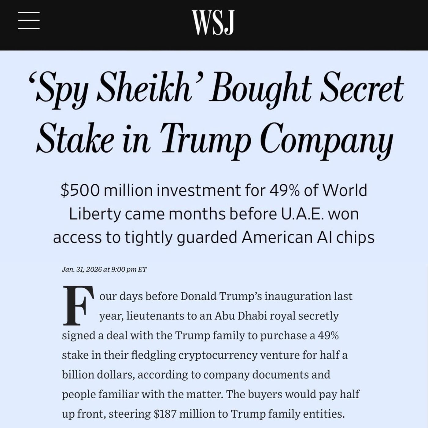 February 2, 2026 - Revealed: Emiratis invested $500 million in Trump's crypto business four days before his inauguration